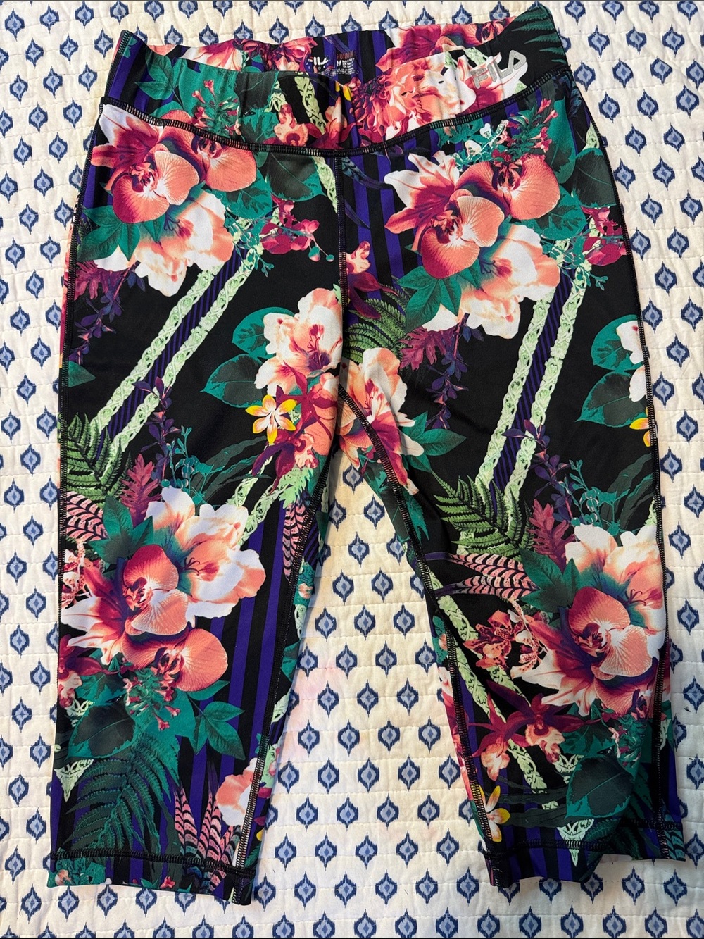 Fila Performance Sport Med black Capri Leggings with Pink and Green Floral Print